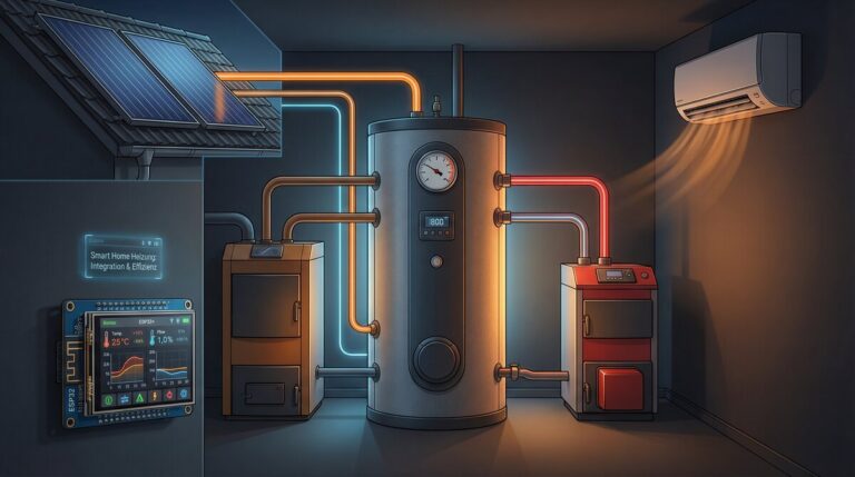 Heizungskeller mit Pufferspeicher, ESP32-Display und vier Wärmequellen