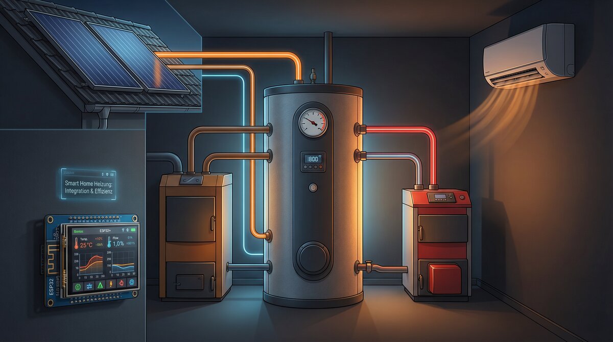 Heizungskeller mit Pufferspeicher, ESP32-Display und vier Wärmequellen