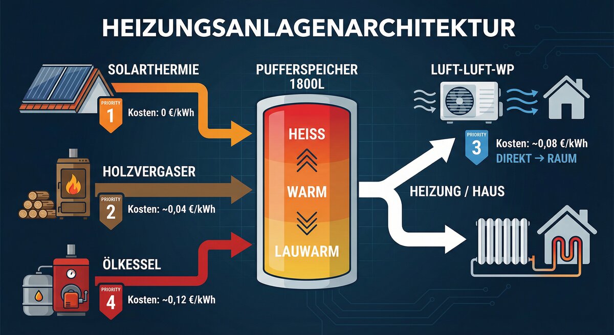 Schaubild: Vier Wärmequellen, Pufferspeicher 1800L und Luft-Luft-WP